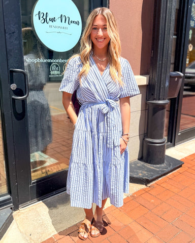 She + Sky Coastal Striped Wrap Midi Dress - Light Blue - Shopbluemoonbentonville