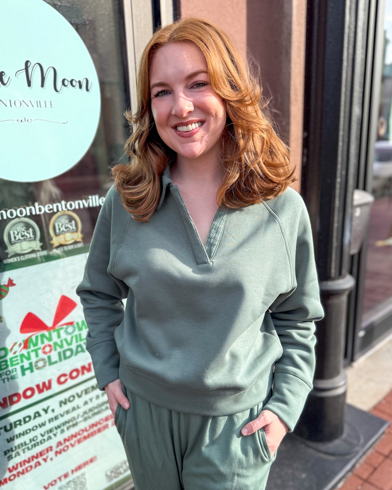 Silky Pine Thermal Collared V-Neck Sweatshirt