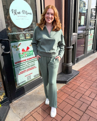 Silky Pine Thermal Collared V - Neck Sweatshirt - Shopbluemoonbentonville