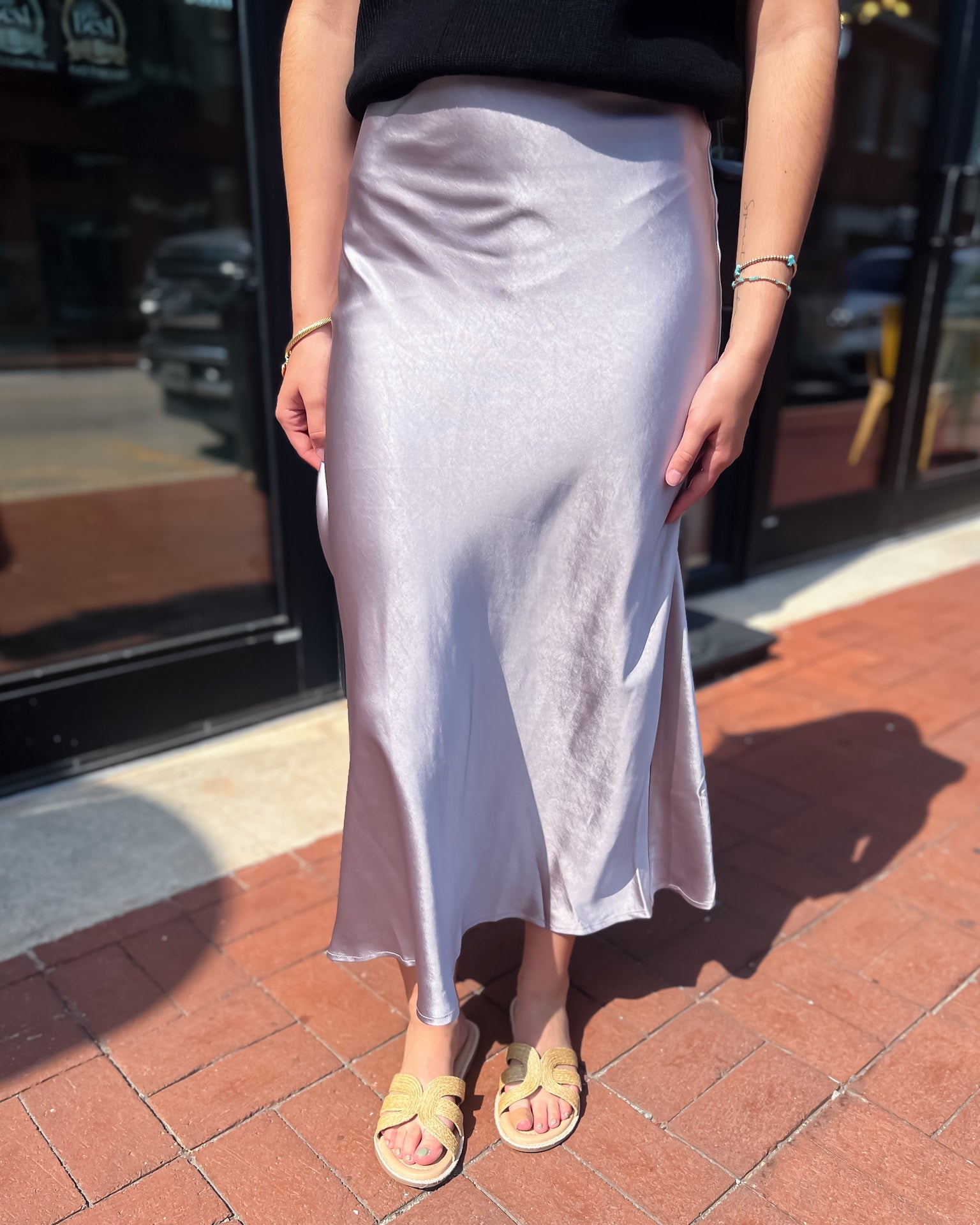 Silver Satin Midi Skirt