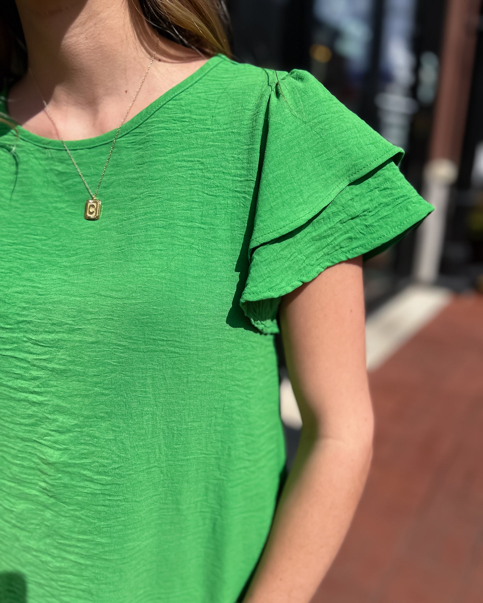 Solid Green Top w/Double Ruffled Sleeves