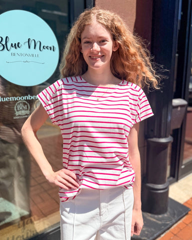 Staccato Fuchsia Striped Boatneck Cap Sleeve Top - Shopbluemoonbentonville