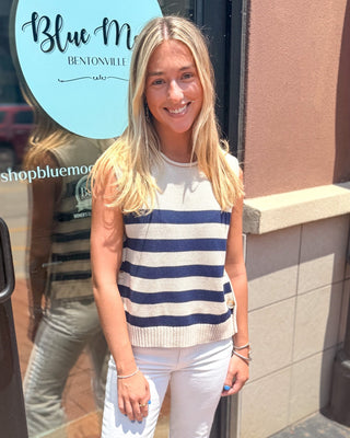 Stone/Navy Striped Sweater Vest - Blue Moon Bentonville