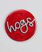 Red button badge with 'hogs' logo on a white background