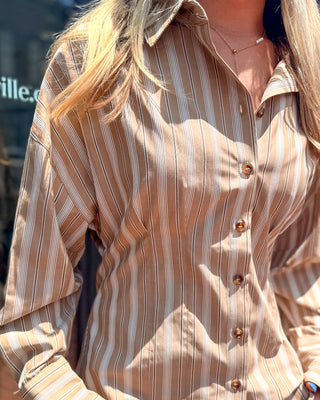 Tan Striped Tailored Blouse - Blue Moon Bentonville