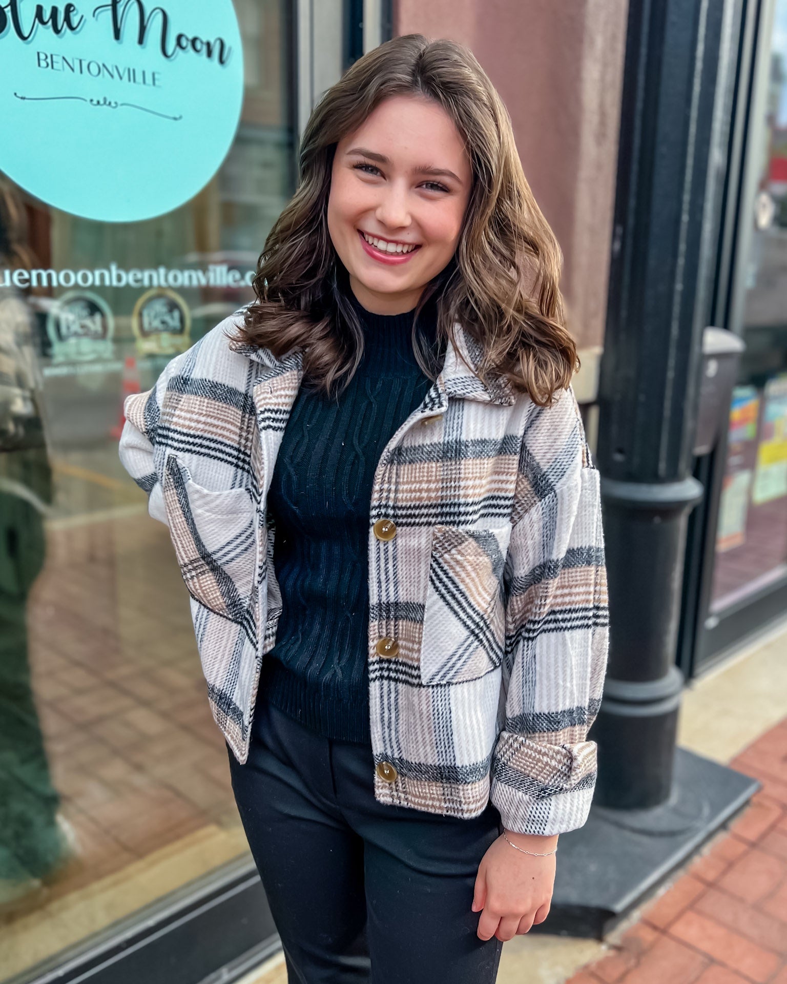 Taupe and Black Plaid Button Down Jacket