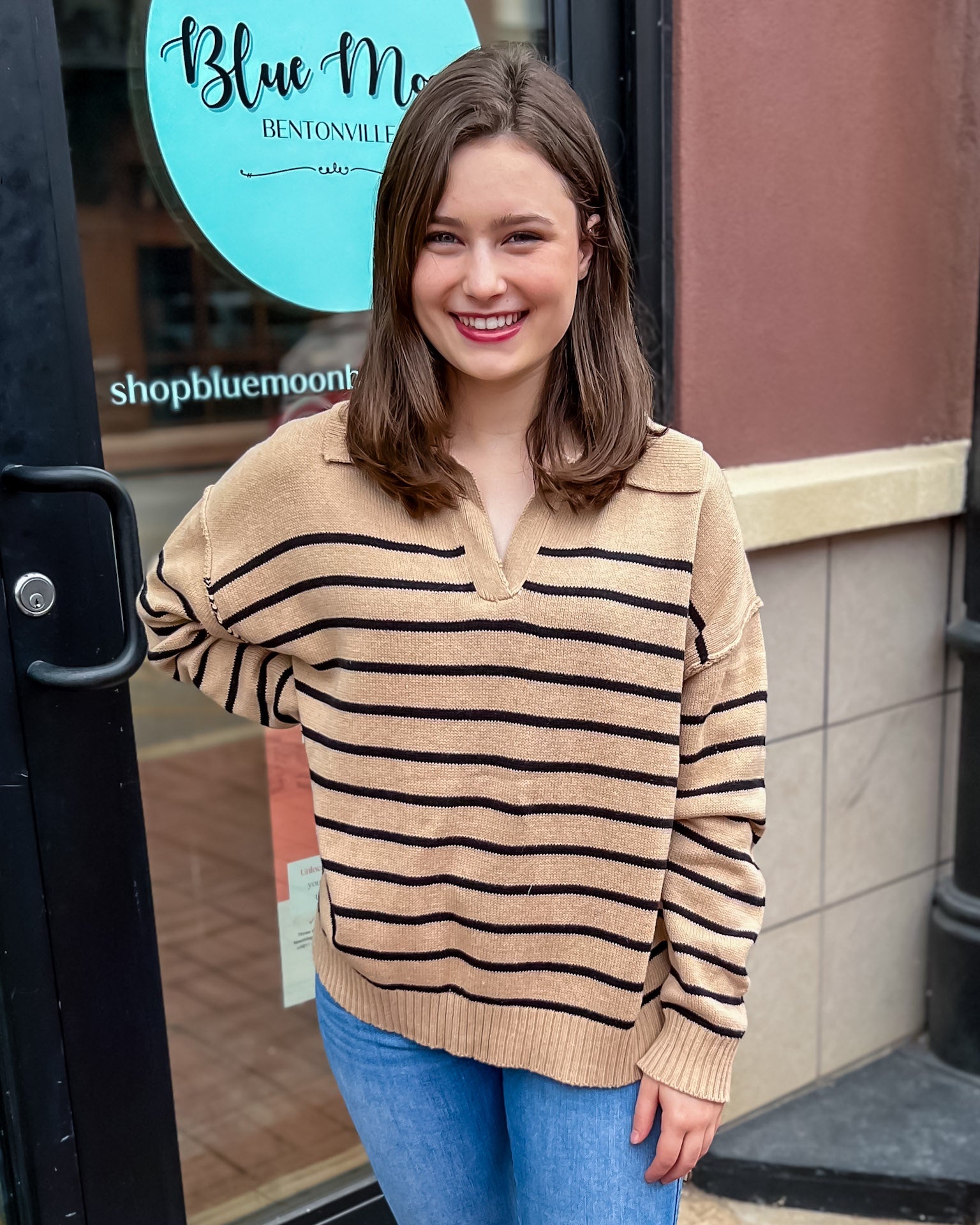 Taupe Black Striped Vneck Sweater