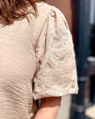 Taupe Embroidered Puff Sleeve Top - Shopbluemoonbentonville