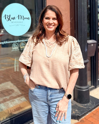 Taupe Embroidered Puff Sleeve Top - Shopbluemoonbentonville