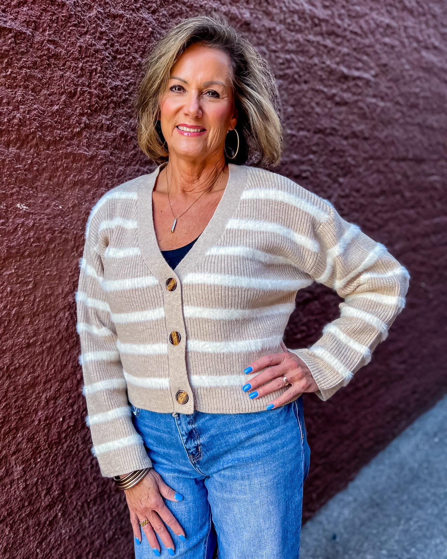 Taupe Ivory Striped Cardigan