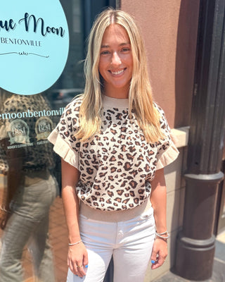 Taupe Leopard Ruffle Sleeve Sweater - Blue Moon Bentonville