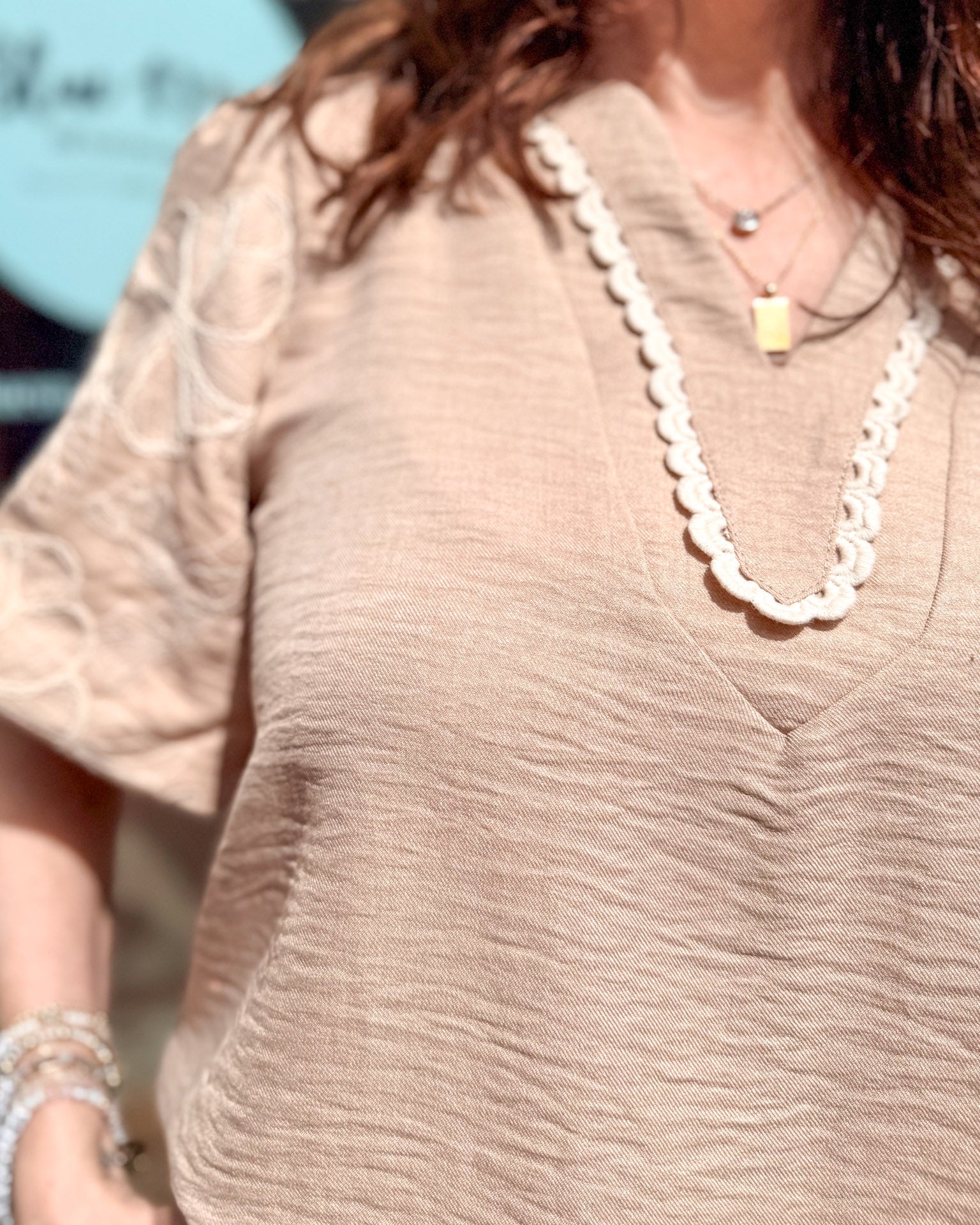 Taupe Embroidered Puff Sleeve Top