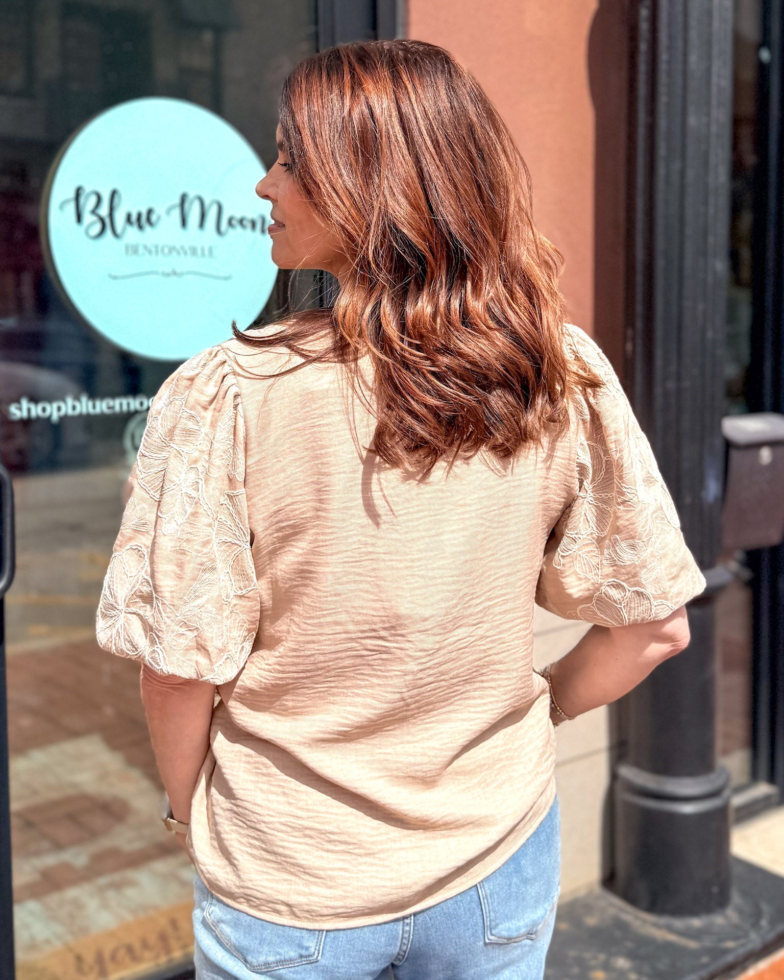 Taupe Embroidered Puff Sleeve Top