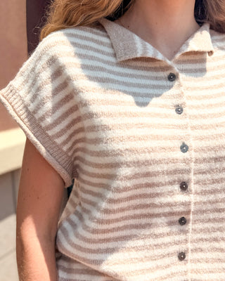 Taupe Striped Short Sleeve Cardigan