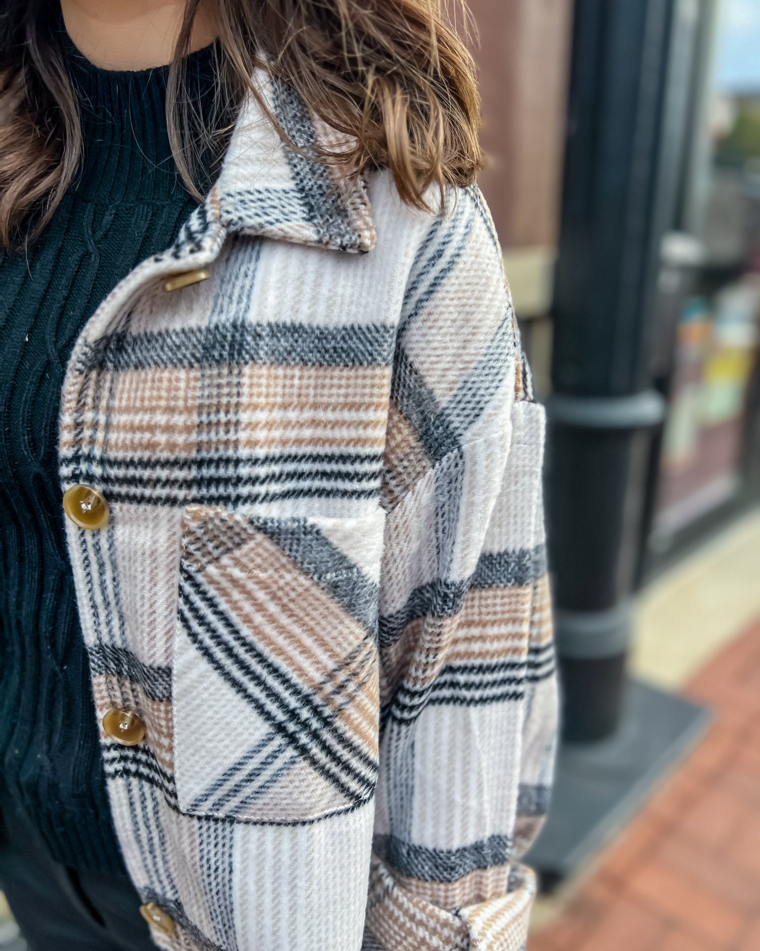 Taupe and Black Plaid Button Down Jacket