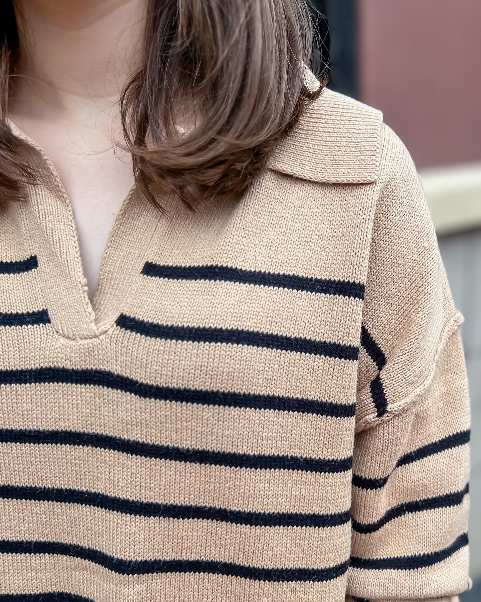 Taupe Black Striped Vneck Sweater