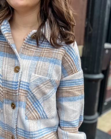 Taupe Blue Plaid Button Down Jacket