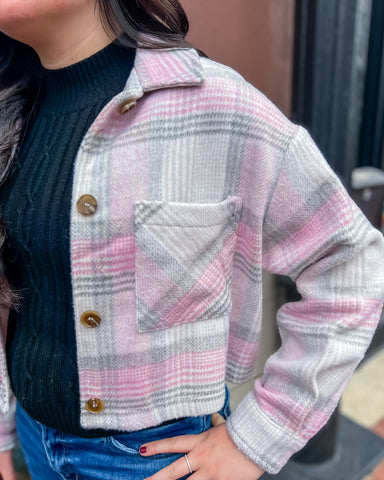 Taupe Pink Plaid Button Down Jacket