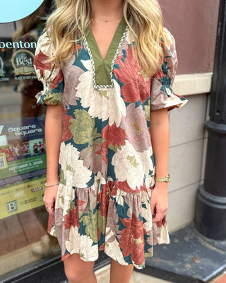 Teal Floral Mini Dress w/Puff Sleeves - Blue Moon Bentonville