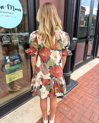 Teal Floral Mini Dress w/Puff Sleeves - Blue Moon Bentonville