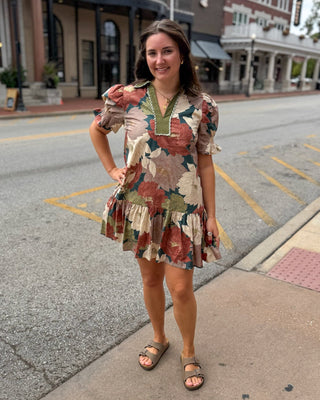 Teal Floral Mini Dress w/Puff Sleeves - Blue Moon Bentonville