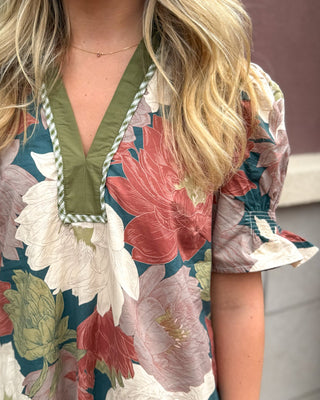Teal Floral Mini Dress w/Puff Sleeves - Blue Moon Bentonville