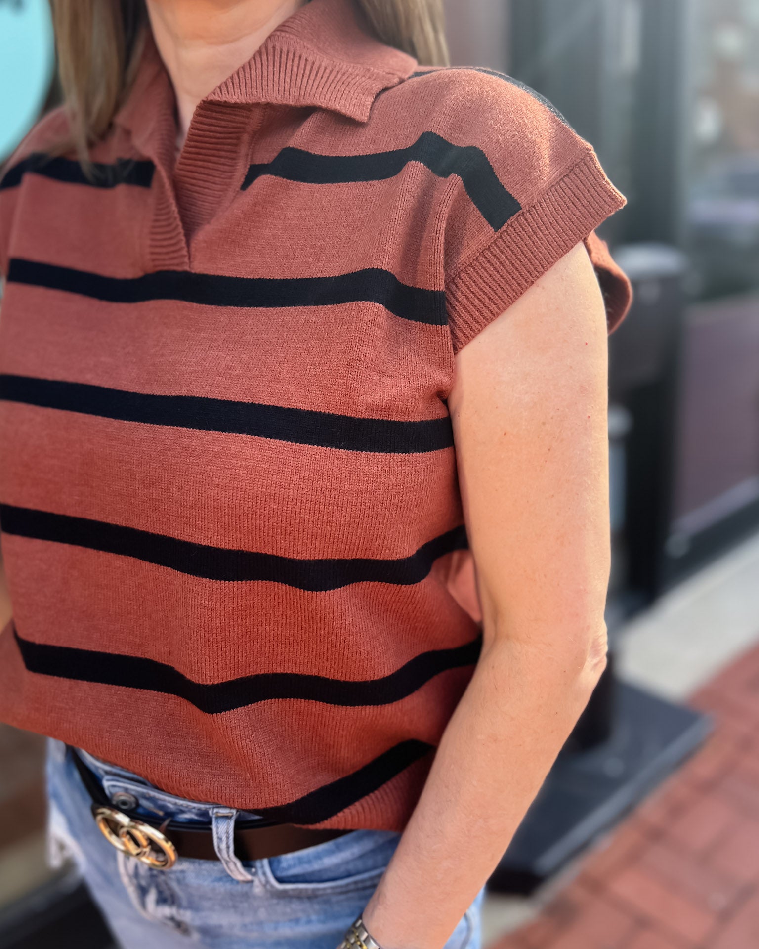 Toffee Drop Shoulder Striped Sweater