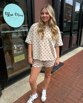 Taupe polka dot knit top and shorts lounge set