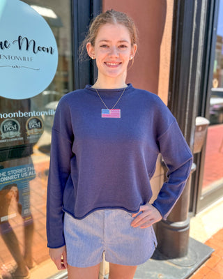 USA Flag Embroidered Navy Pullover Sweater - Shopbluemoonbentonville
