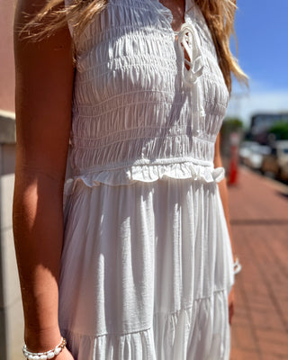 White Eyelet Smocked Midi Dress