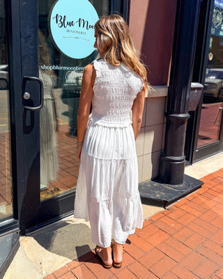 White Eyelet Smocked Midi Dress