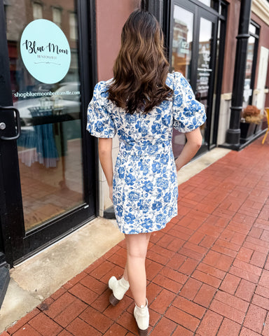 White Blue Denim Floral Dress