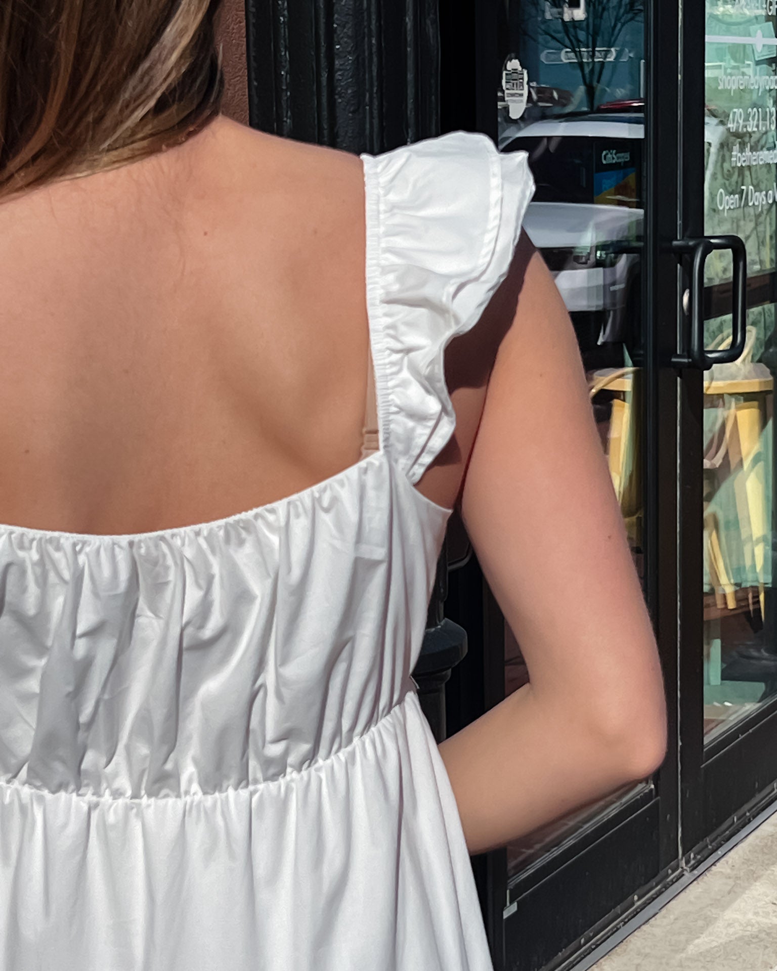 White Poplin Maxi Dress w/Ruffle Sleeves