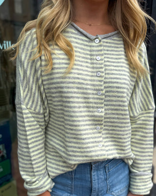 Grey/Yellow Striped Raw Edge Cardigan