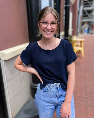 Navy Top W/Detailed Sleeves - Shopbluemoonbentonville