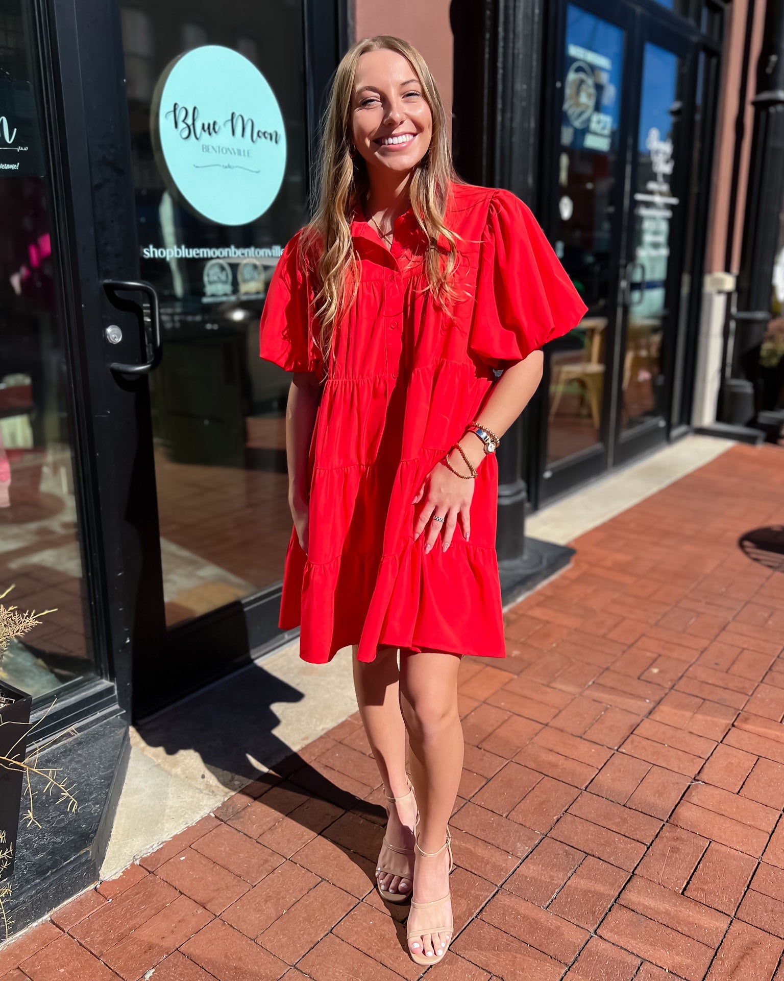 Red Button-up Tiered Mini Dress