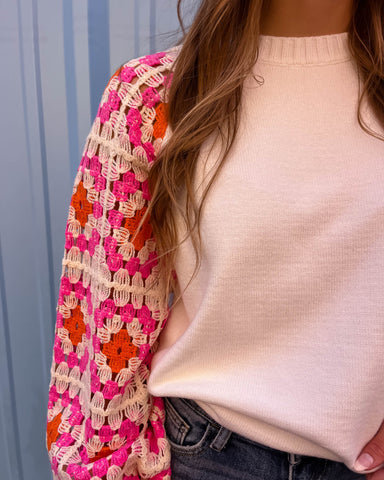 White Sweater w/Crochet Sleeves - Shopbluemoonbentonville